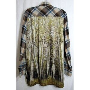 Orvis Plaid Flannel Front Woods Forest Tree Scene Back Button Down Shirt M EUC